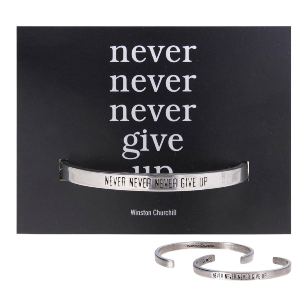 Never Never Never Give Up Winston Churchill Quotable Pewter Cuff Bracelet NWT